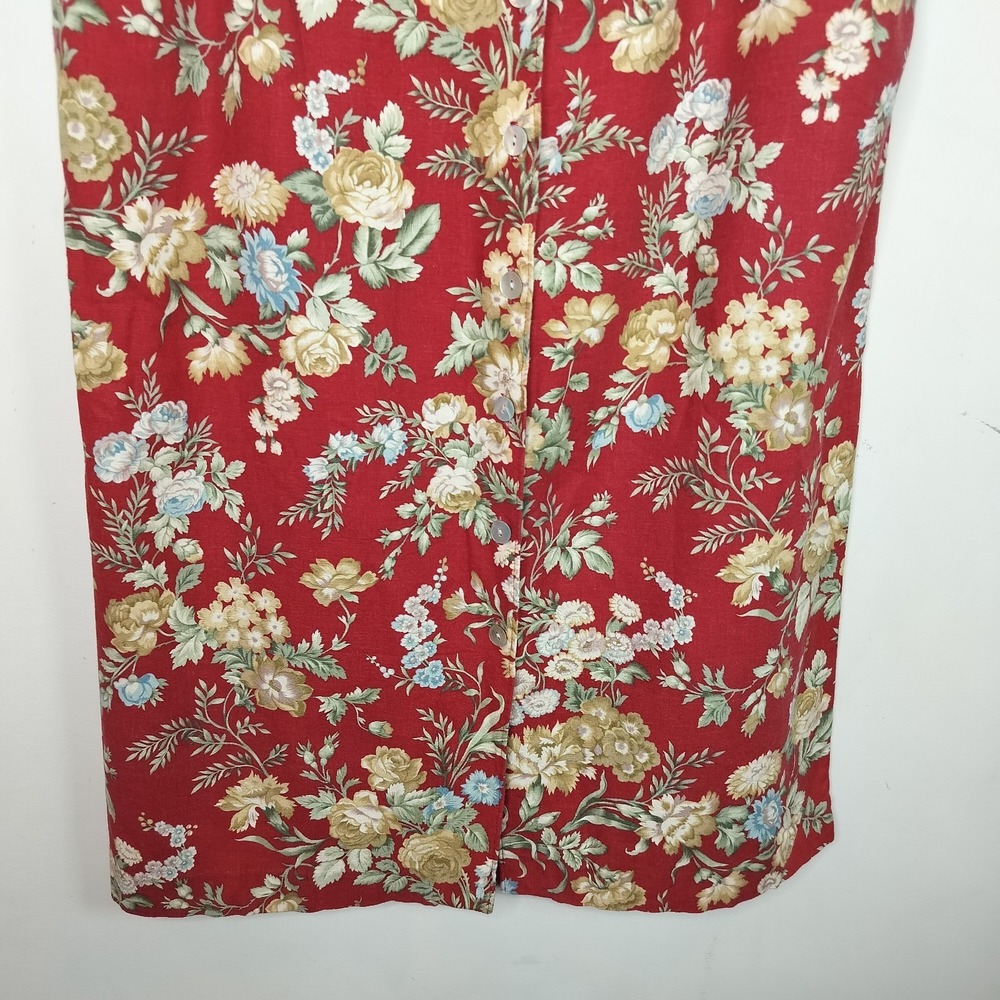 Orvis Vintage Maxi Skirt Red Garden Floral Linen Blend Button Up - Picture 3 of 12